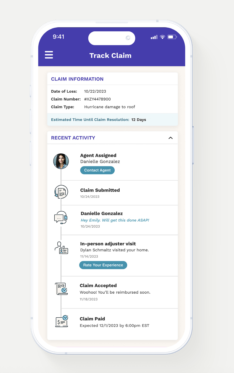 A claims experience concept designed by Cake & Arrow to reduce uncertainty through greater transparency, real-time updates, and clear expectations